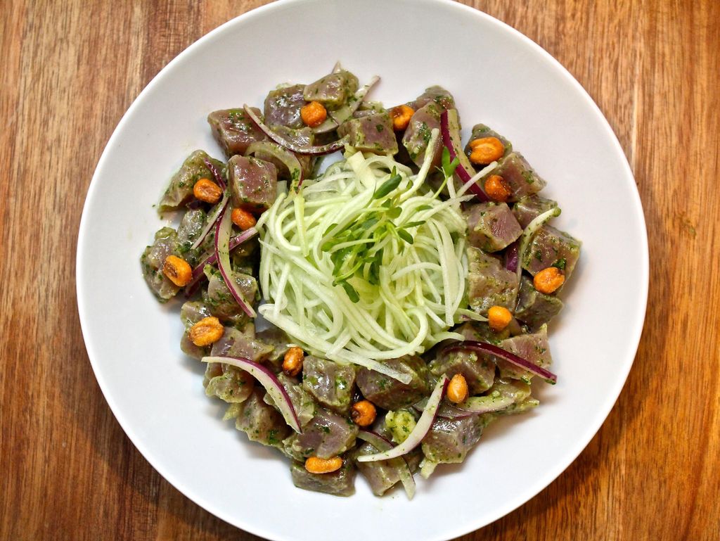 Tuna Ceviche with Shredded Cucumber and Toasted Co