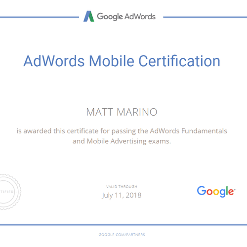 AdWords Mobile Certification

Certificate for pass