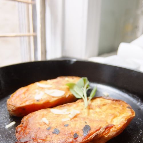 Cast-iron carmelized sweet potatoes with garlic sa