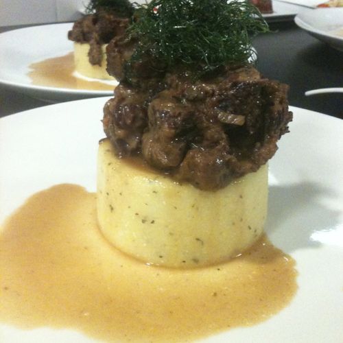 red wine braised pork belly w/ polenta and champag