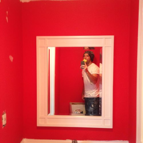 Before. red bathroom
