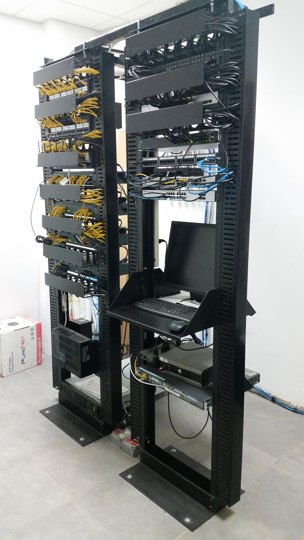 Front view of a typical equipment rack that servic