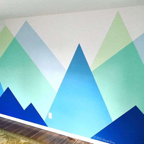 Stylized mountain mural for baby's nursery.