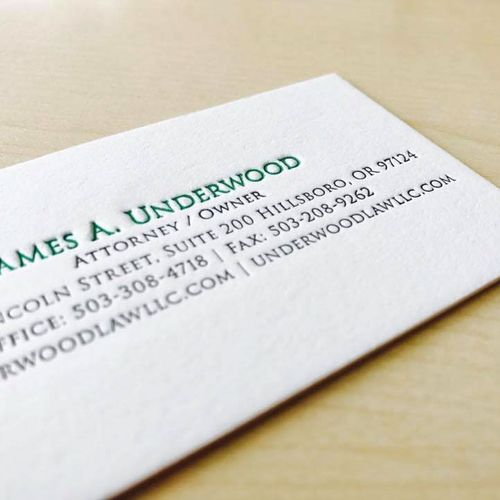 Underwood Law LLC business card design. Letter pre