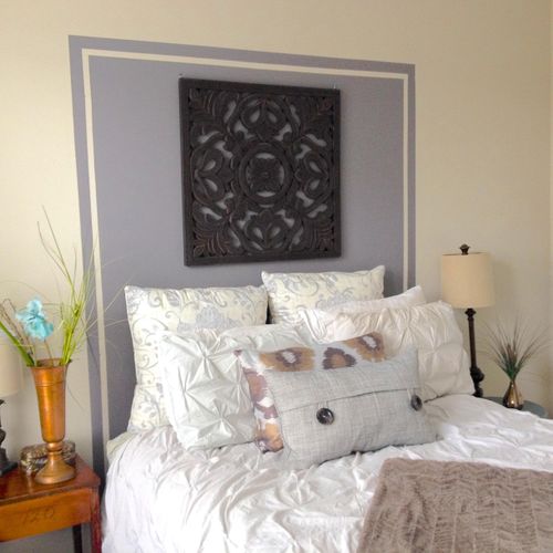 Budget solution! Paint a headboard on the wall : )