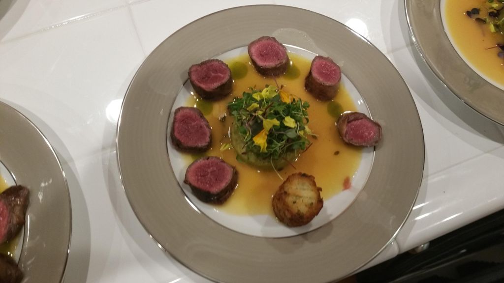 Black and blue hangar steak with lemon brodetto