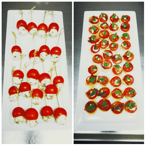 Left:
Cherry tomato caprese pops with basil pesto 