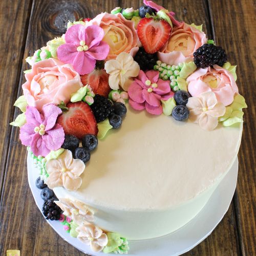 Berries and Blooms Cake - Hand piped buttercream f