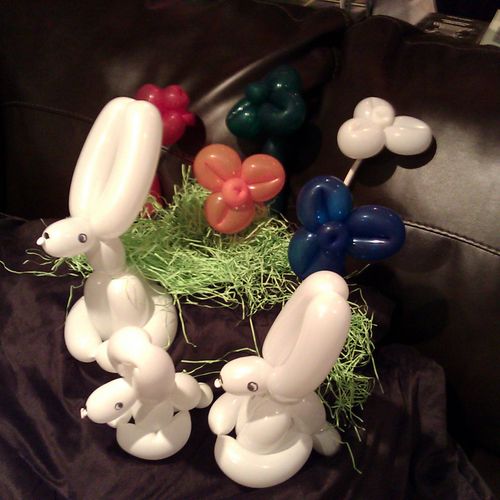 Easter  balloons, Rabbit family with flowers.