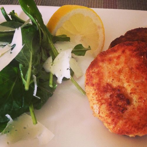Cod Cakes with a lightly dressed Arugula and Parme