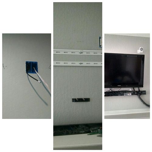 Flat TV installation with electrical outlet in the