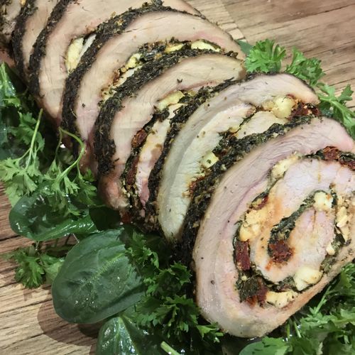 Herb Encrusted Porkloin w Sundried Tomatoes, Spina