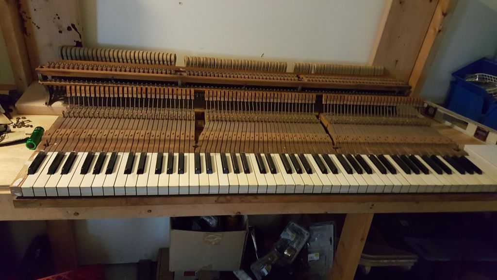 Grand piano action before replacing key tops and r