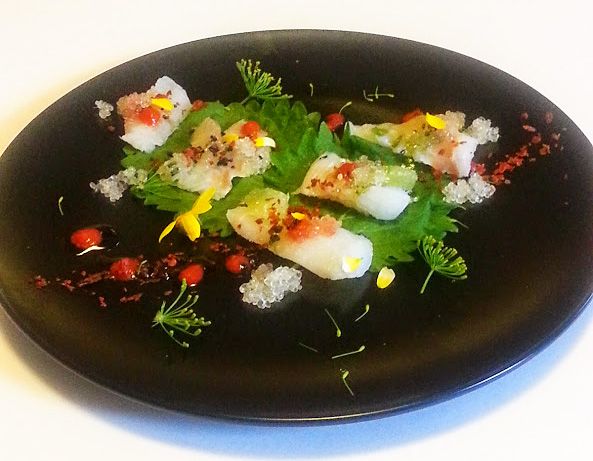 Fluke Crudo with lime caviar, Himalayan black salt