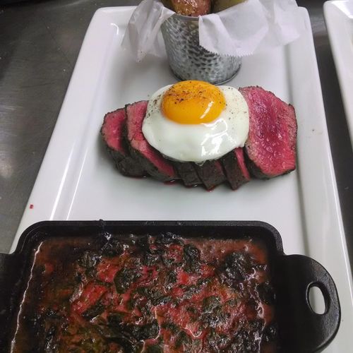 Pan Seared Flat Iron Steak w/Fried Egg on top.  Co