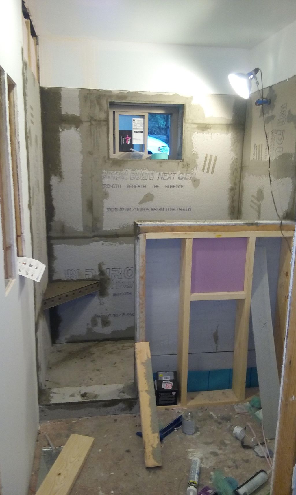 demoed bathroom, framed, and prepped for tile