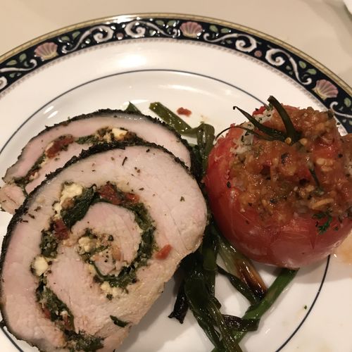 Herb Encrusted PorkloIn with Sundried Tomato, Spin