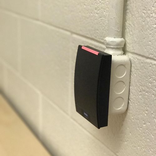 Access control card reader.  Housed by Single gang