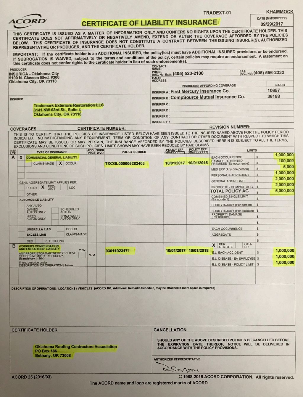 Copy of Workers Comp and General Liability Insuran