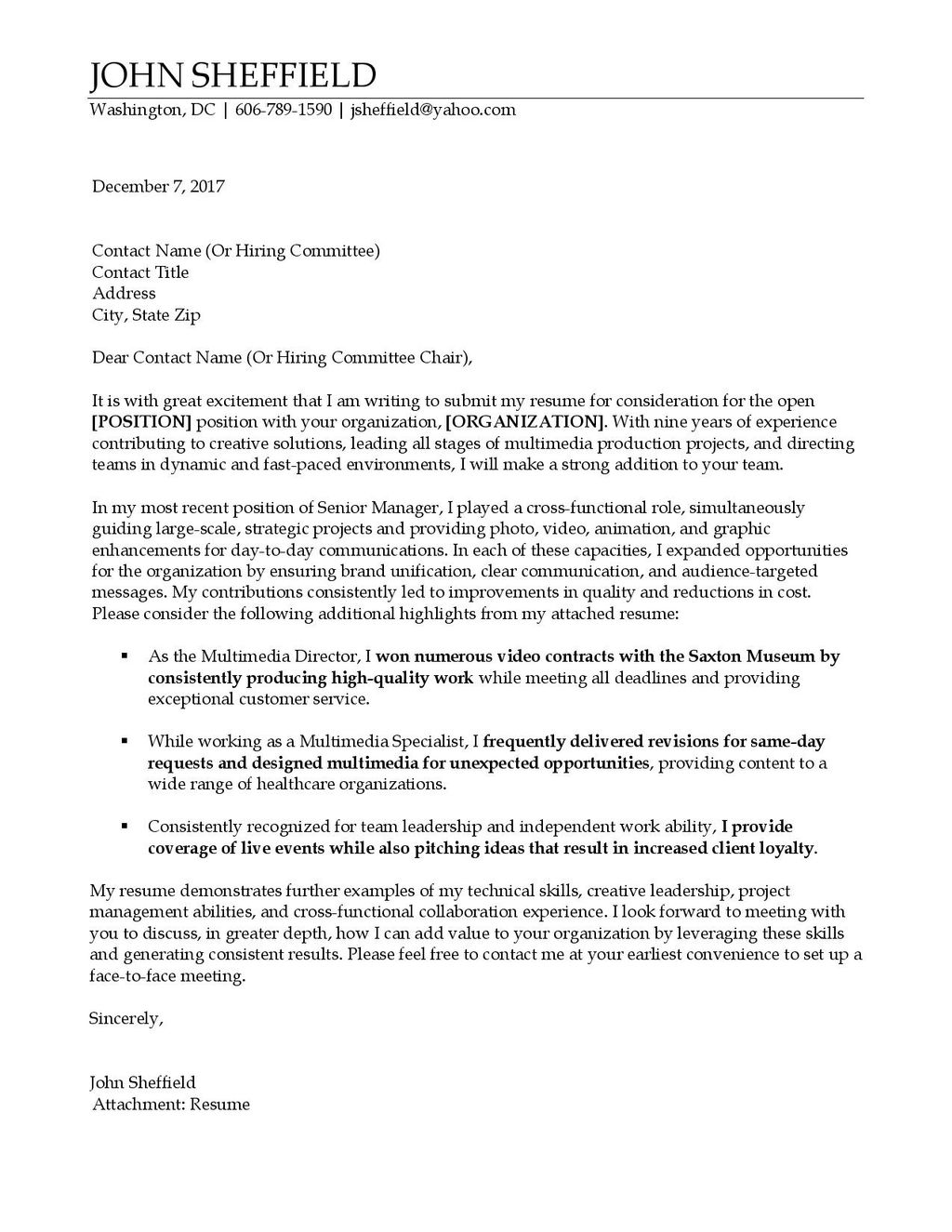 Sample cover letter 1