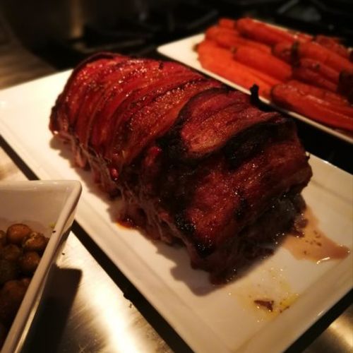 Meatloaf with a smokey-sweet and peppery bacon.