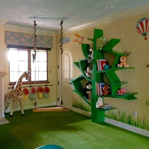 Kids playroom. Faux sky and mural