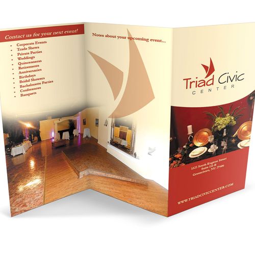 Three panel brochure designed for an event center 