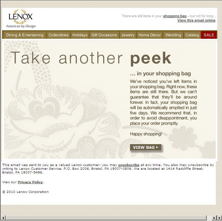 Copy for abandoned cart email for Lenox.com