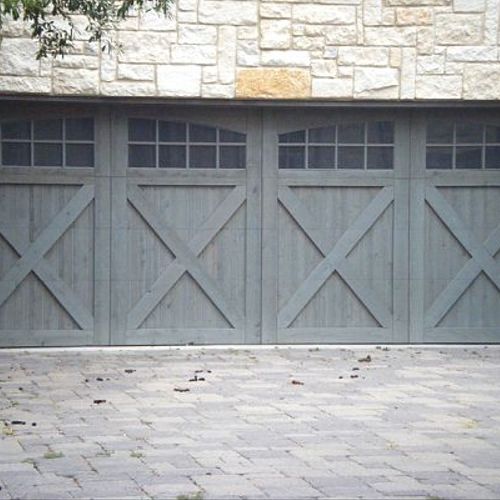 Two Car Garage Doors | Grey Stained Cedar with Lit