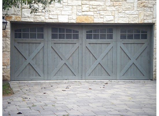 Two Car Garage Doors | Grey Stained Cedar with Lit