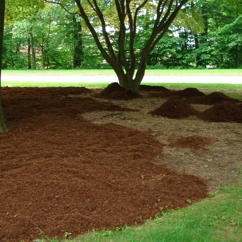 We put down mulch by hand, the old fashion way... 