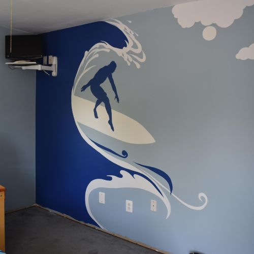 Custom painted mural for boys room. Surfing theme,