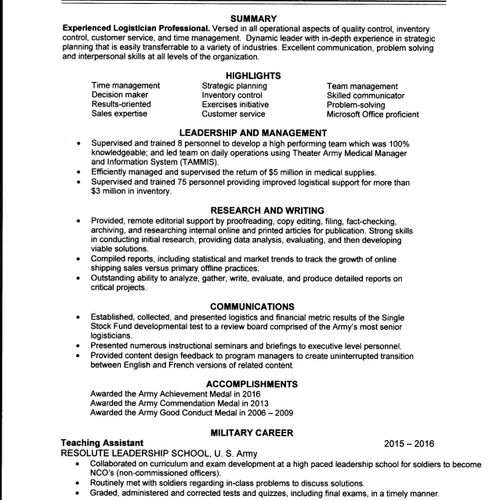 Sample Logistician Resume Page 1