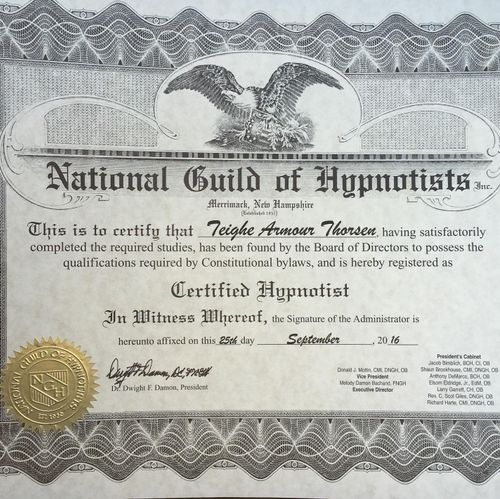 Teighe Thorsen's Hypnosis Certificate
