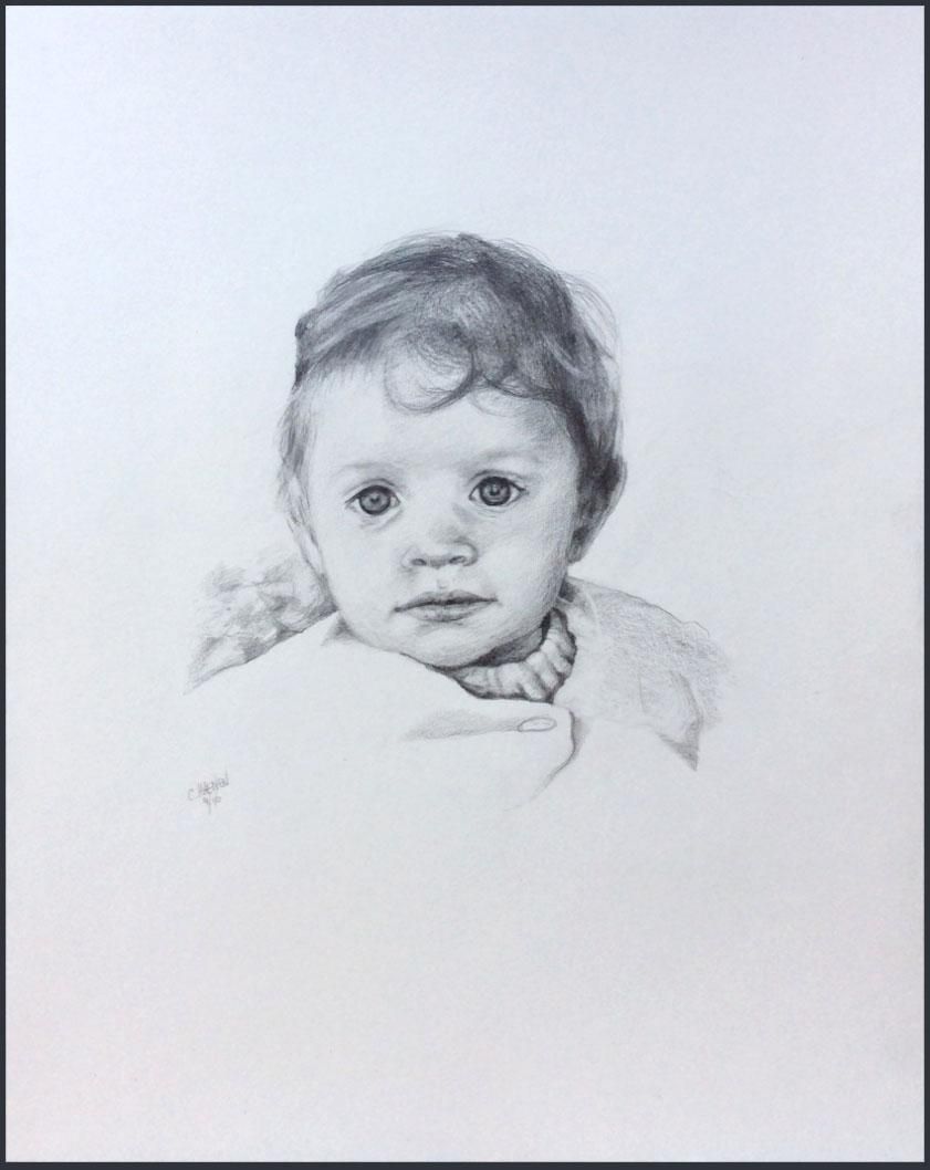 Original graphite portrait of baby girl, 13.5x17, 