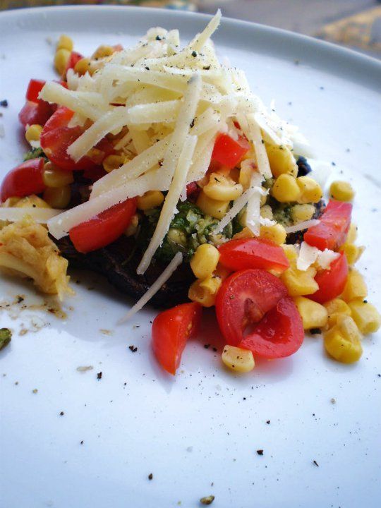 portabella caps stuffed with pesto, garden corn an