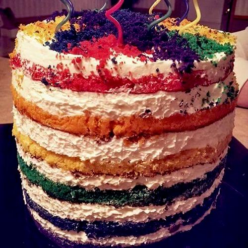 Rainbow Cake! Rainbow colored vanilla cake soaked 