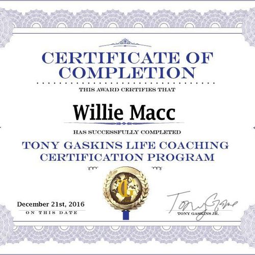 Certified Life Coach Certificate from Tony Gaskin'