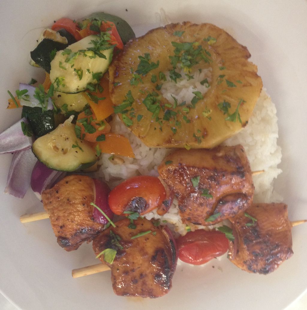 Chipotle chicken, pineapple relish on rice and sau