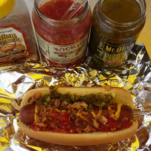 This is a hot one! Red Relish, Dyno Sauce, Jalapen