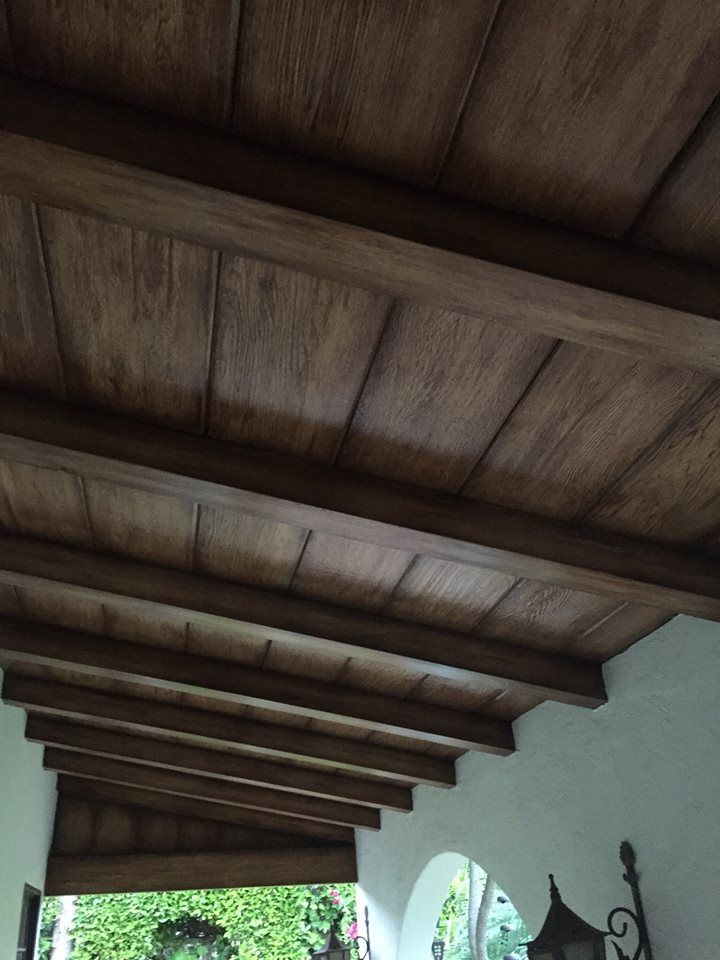 faux wood finish of white wood beams
