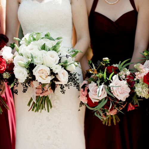 Maids bouquets of burgundy dahlias, blush dahlias,