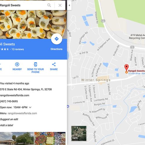 Rangoli Sweets Local Listing (Google Map)