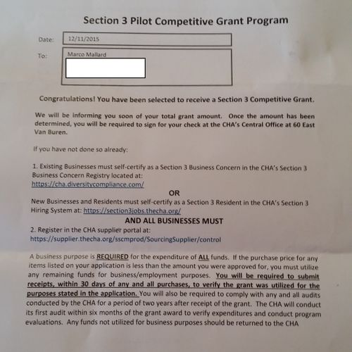 Small Business Start Up Grant Award Letter