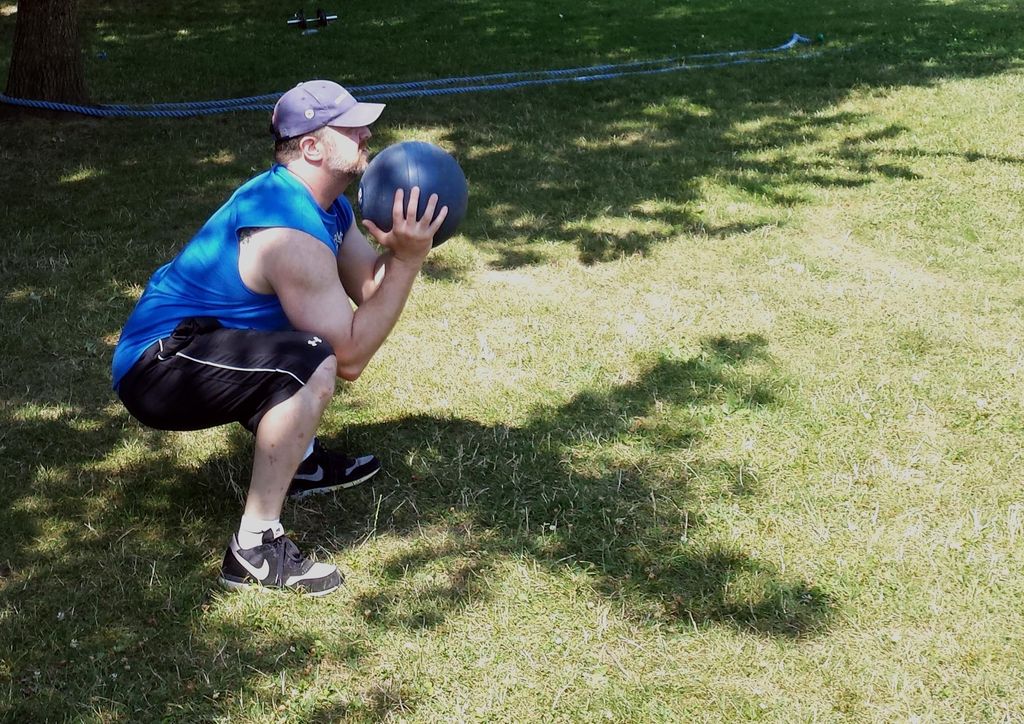Med ball thruster demo in the park.