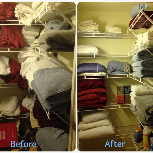 Small linen closet decluttered and organized.  Don