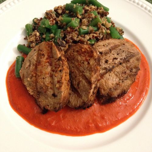 Seared and grilled pork loin with quinoa, green be