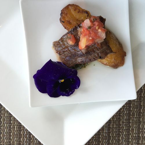 Skirt steak with chimichurri sauce & plantain. Mia