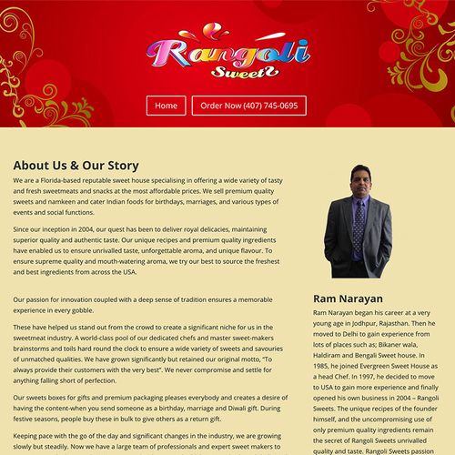 Rangoli Sweets Website About Us Page