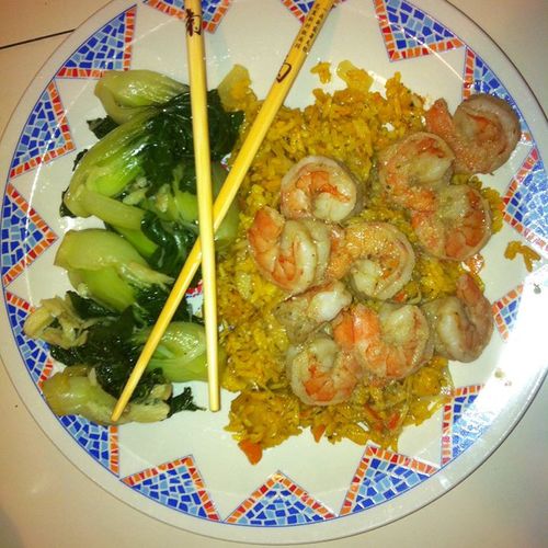 Shrimp fried rice and bok choy